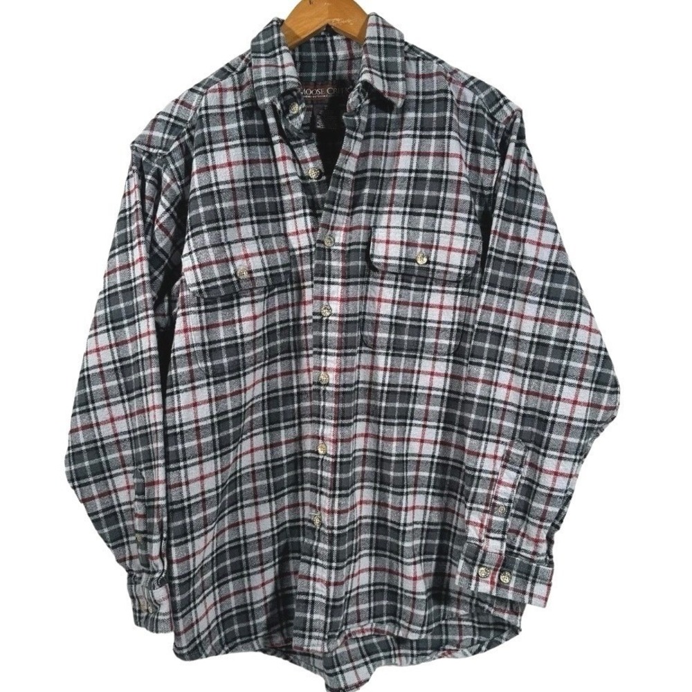 Moose Creek 100% Cotton Gray Red Plaid Heavy Flannel Shirt Size Medium‎ Men's